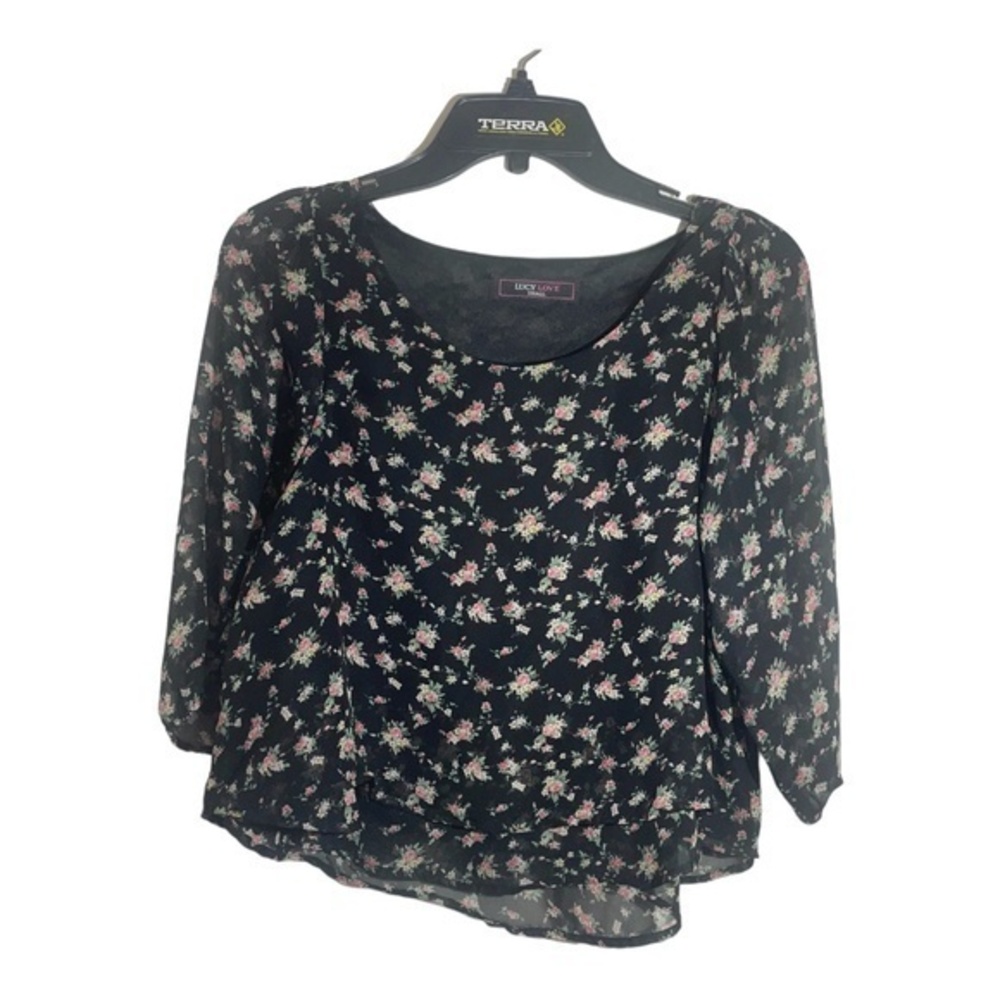 Lucy Love Babydoll Blouse Micro Floral Boho 3/4 Sleeve Chiffon Layered Size Smal